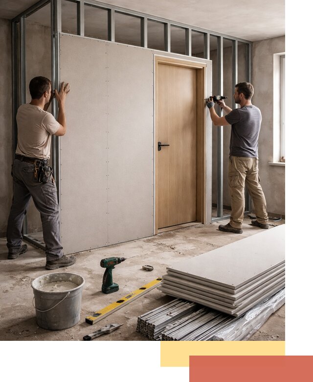 Перегородка из гипсокартона с дверью под ключ в Рязани