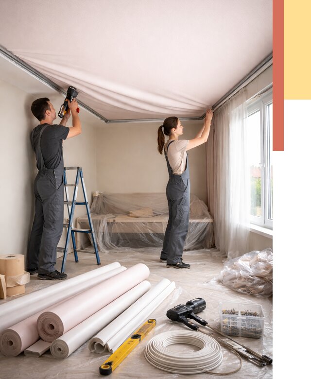 Монтаж цветного натяжного потолка в Рязани от 4313 руб/м² — быстро и недорого | ОТДЕЛОЧНИК-Рзн