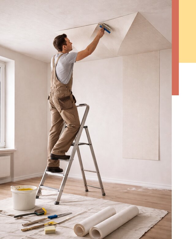 Поклейка обоев на потолок в Рязани от 4621 руб. быстро и недорого | ОТДЕЛОЧНИК-Рзн